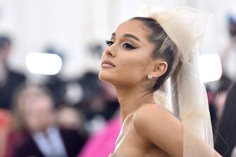 Ariana Grande walking the red carpet at The Metropolitan Museum of Art Costume Institute Benefit celebrating the opening of Heavenly Bodies : Fashion and the Catholic Imagination held at The Metropolitan Museum of Art  in New York, NY, on May 7, 2018. (Photo by Anthony Behar/Sipa USA)