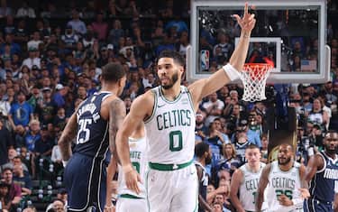 DALLAS, TX - JUNE 12: Jayson Tatum #0 of the Boston Celtics celebrates during the game against the Dallas Mavericks during Game 3 of the 2024 NBA Finals on June 12, 2024 at the American Airlines Center in Dallas, Texas. NOTE TO USER: User expressly acknowledges and agrees that, by downloading and or using this photograph, User is consenting to the terms and conditions of the Getty Images License Agreement. Mandatory Copyright Notice: Copyright 2024 NBAE (Photo by Nathaniel S. Butler/NBAE via Getty Images)