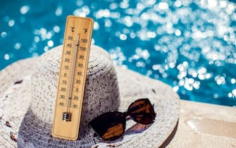 Woman's hat, thermometer and sunglasses lying beside the pool. Hot weather, summer and holiday concept