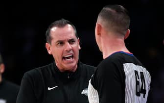 LOS ANGELES, CA - OCTOBER 22: Head coach Frank Vogel yells at referee Justin Van Duyne #64 after a foul was called against LeBron James #6 of the Los Angeles Lakers during the second half against Phoenix Suns at Staples Center on October 22, 2021 in Los Angeles, California. NOTE TO USER: User expressly acknowledges and agrees that, by downloading and/or using this Photograph, user is consenting to the terms and conditions of the Getty Images License Agreement. (Photo by Kevork Djansezian/Getty Images)
