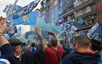 Celebrations of SSC Napoli fans prior the Italian Serie A soccer match SSC Napoli vs US Salernitana at ÔDiego Armando Maradona' stadium in Naples, Italy, 30 april 2023 ANSA /CARMELO IMBESI