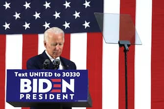 WILMINGTON, DELAWARE - JUNE 30:   Democratic presidential candidate, former Vice President Joe Biden pauses during a campaign event June 30, 2020 at Alexis I. Dupont High School in Wilmington, Delaware. Biden discussed the Trump Administrationâ  s handling of the COVID-19 pandemic.  (Photo by Alex Wong/Getty Images)