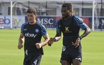 Napoli’s midfielder Diego Demme (L) and Napoli’s midfielder Frank Anguissa attend training session in Castel Volturno, Italy, 23 October 2023. SSC Napoli will face Union Berlin on 24  October in their UEFA Champions League group stage match.
ANSA / CIRO FUSCO