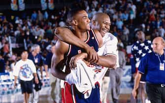 TORONTO - AUGUST 14: Steve Smith and Derrick Coleman #6 of the USA Senior Men's National Team celebrate after defeating the Russian Senior Men's National Team during the 1994 World Championships of Basketball Gold Medal game on August 14, 2010 at the Toronto Skydome in Toronto, Ontario, Canada. The United States defeated Russia 137-91 to win the Gold medal. NOTE TO USER: User expressly acknowledges and agrees that, by downloading and or using this photograph, User is consenting to the terms and conditions of the Getty Images License Agreement. Mandatory Copyright Notice: Copyright 2010 NBAE (Photo by Nathaniel S. Butler/NBAE via Getty Images)