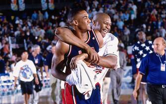 TORONTO - AUGUST 14: Steve Smith and Derrick Coleman #6 of the USA Senior Men's National Team celebrate after defeating the Russian Senior Men's National Team during the 1994 World Championships of Basketball Gold Medal game on August 14, 2010 at the Toronto Skydome in Toronto, Ontario, Canada. The United States defeated Russia 137-91 to win the Gold medal. NOTE TO USER: User expressly acknowledges and agrees that, by downloading and or using this photograph, User is consenting to the terms and conditions of the Getty Images License Agreement. Mandatory Copyright Notice: Copyright 2010 NBAE (Photo by Nathaniel S. Butler/NBAE via Getty Images)