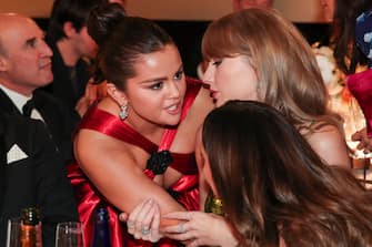 Selena Gomez and Taylor Swift at the 81st Golden Globe Awards held at the Beverly Hilton Hotel on January 7, 2024 in Beverly Hills, California.  (Photo by Christopher Polk/Golden Globes 2024/Golden Globes 2024 via Getty Images)