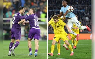 Fiorentina's midfielder Rolando Mandragora celebrates with team mate the 1-0 goal during Uefa conference League quarter finals match ACF Fiorentina vs Celje at Artemio Franchi Stadium in Florence, Italy, 17 April 2025
ANSA/CLAUDIO GIOVANNINI