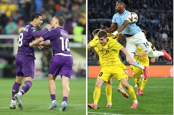 Fiorentina's midfielder Rolando Mandragora celebrates with team mate the 1-0 goal during Uefa conference League quarter finals match ACF Fiorentina vs Celje at Artemio Franchi Stadium in Florence, Italy, 17 April 2025
ANSA/CLAUDIO GIOVANNINI