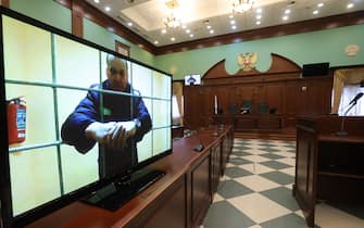 MOSCOW, RUSSIA — MAY 17, 2022: Pictured in this image is a video screen in the Moscow City Court showing jailed opposition activist Alexei Navalny as he joins via videolink a hearing into his laywers' legal claim against Moscow's Lefortovo District Court over the legality of his 9-year sentence for contempt of court and fraud and a 1.2 million rouble fine. On 22 March 2022, Moscow's Lefortovo District Court held an on-site sentencing hearing against Navalny at Penal Colony No 2 in the town of Pokrov in which Navalny was found guilty of insulting a magistrate and fraud and handed a 9-year sentence in a maximum security prison colony and a 1.2m rouble fine. Navalny denies the charges. Sergei Karpukhin/TASS/Sipa USA