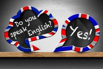 3D illustration of two speech bubbles with Uk flags and question Do you speak English? and Yes! On a wooden shelf with a grey wall on background.