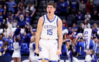 NASHVILLE, TENNESSEE - MARCH 15: Reed Sheppard #15 of the Kentucky Wildcats celebrates in the first half against the Texas A&M Aggies during the quarterfinals of the SEC Basketball Tournament at Bridgestone Arena on March 15, 2024 in Nashville, Tennessee. (Photo by Andy Lyons/Getty Images)