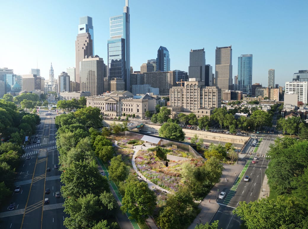 Rendering of Calder Gardens from the Benjamin Franklin Parkway © Herzog & de Meuron.  All works by Alexander Calder © 2025 Calder Foundation, New York / Artists Rights Society (ARS), New York
