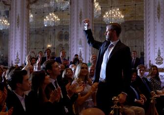 PALM BEACH, FLORIDA - NOVEMBER 15: Eric Trump gestures to supporters as former U.S. President Donald Trump speaks during an event at his Mar-a-Lago home on November 15, 2022 in Palm Beach, Florida. Trump announced that he was seeking another term in office and officially launched his 2024 presidential campaign.  (Photo by Joe Raedle/Getty Images)