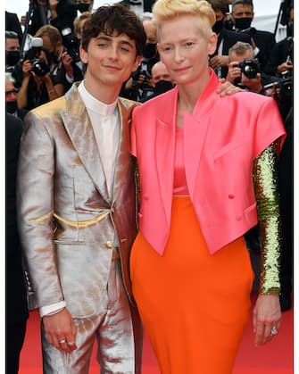 CANNES, FRANCE - JULY 12: Tilda Swinton and TimothÃ©e Chalamet attend the "The French Dispatch" screening during the 74th annual Cannes Film Festival on July 12, 2021 in Cannes, France. (Photo by Stephane Cardinale - Corbis/Corbis via Getty Images)