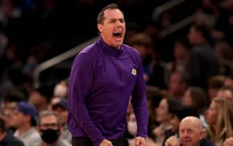 NEW YORK, NEW YORK - NOVEMBER 23: Head coach Frank Vogel of the Los Angeles Lakers reacts in the first half against the New York Knicks at Madison Square Garden on November 23, 2021 in New York City. NOTE TO USER: User expressly acknowledges and agrees that, by downloading and or using this photograph, User is consenting to the terms and conditions of the Getty Images License Agreement. (Photo by Elsa/Getty Images)