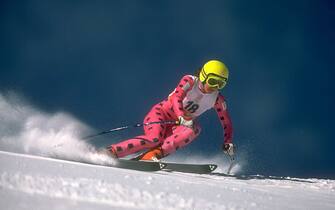 22 FEB 1988:  MICAELA MARZOLA OF ITALY IN ACTION DURING THE WOMENS SUPER GIANT SLALOM COMPETITION AT THE 1988 WINTER OLYMPICS HELD IN CALGARY. MARZOLA FINISHED IN JOINT SEVENTH PLACE WITH ZOE HAAS OF SWITZERLAND WITH A TIME OF 1:20.91 MINUTES.