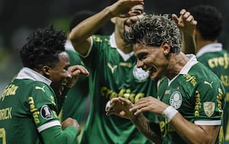 epa11343588 Richard Rios Montoya (R) and Endrick Felipe (L) of Palmeiras celebrate a goal during a Copa Libertadores group stage soccer match between Palmeiras and Independiente Del Valle (IDV) at the Allianz Parque Stadium in Sao Paulo, Brazil, 15 May 2024.  EPA/Isaac Fontana