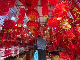 Spring Festival decorations are popular in the small commodity market on Hanzheng Street in Wuhan City, central China's Hubei Province, 10 January, 2023. (Photo by ChinaImages/Sipa USA)