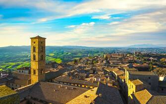 Tuscany, Volterra town aerial view, church tower and panorama view on sunset. Maremma, Italy, Europe