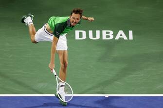 DUBAI, UNITED ARAB EMIRATES - MARCH 01: Daniil Medvedev act Ugo Humbert of France in their semifinal match during the Dubai Duty Free Tennis Championships at Dubai Duty Free Tennis Stadium on March 01, 2024 in Dubai, United Arab Emirates. (Photo by Christopher Pike/Getty Images)