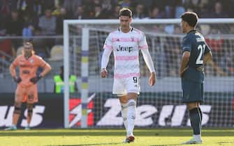 Dusan Vlahovic of Juventus celebrates after the goal, annullated from the referee during the Serie A soccer match between Frosinone Calcio and Juventus FC at Benito Stirpe stadium in Frosinone, Italy, 23 December 2023. ANSA/FEDERICO PROIETTI