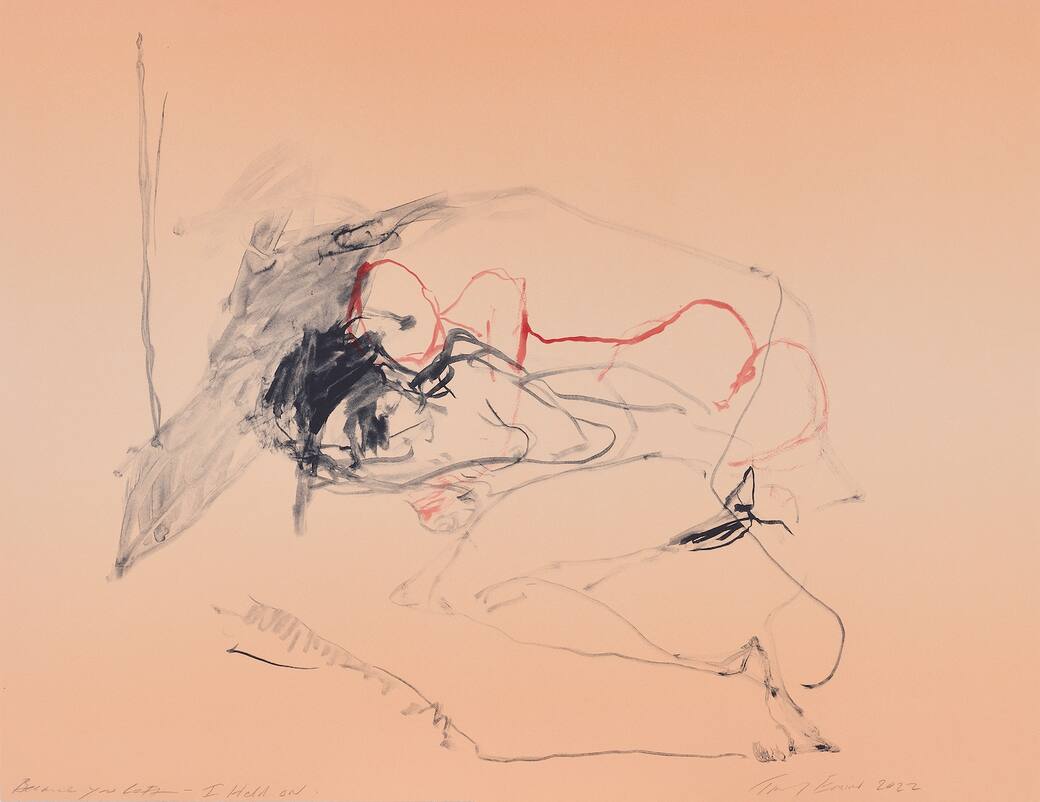 Tracey Emin, Because You Left - I Held On, 2024. Acrylic on lithographic background, Somerset Velvet Warm White Paper 400gsm, 65 x 83.8 cm.