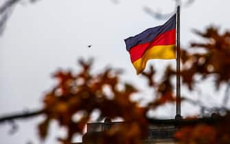 German flag behind autumn leaf