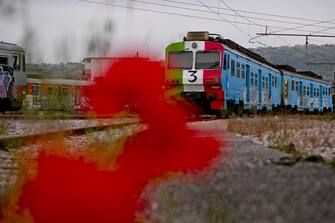 The blue train of the Circumflegrea that has just come out of the restyling to celebrate, with the fans that it will transport to the Maradona stadium, the third scudetto of Napoli, in Naples, Italy, 29 April 2023, ANSA / CIRO FUSCO