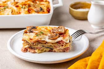 Slice of tasty homemade white lasagna with porcini and champignon mushrooms, onion and meat sausages. Pasta with parmesan cheese and bechamel sauce.