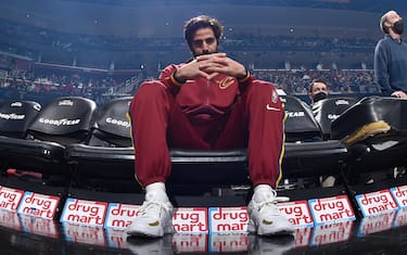 CLEVELAND, OH - NOVEMBER 27: Ricky Rubio #3 of the Cleveland Cavaliers looks on before the game against the Orlando Magic on November 27, 2021 at Rocket Mortgage FieldHouse in Cleveland, Ohio. NOTE TO USER: User expressly acknowledges and agrees that, by downloading and/or using this Photograph, user is consenting to the terms and conditions of the Getty Images License Agreement. Mandatory Copyright Notice: Copyright 2021 NBAE (Photo by David Liam Kyle/NBAE via Getty Images)