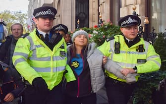 October 17, 2023, London, England, UK: 

Swedish activist GRETA THUNBERG is arrested in London, as she takes part in a protest against fossil fuels outside InterContinental Hotel in Park Lane during the Energy Intelligence Forum, a summit of the biggest oil company executives. 

(Credit Image:  Vuk Valcic/ZUMA Press Wire)



Pictured: Greta Thunberg

Ref: SPL9970789 171023 NON-EXCLUSIVE

Picture by: Vuk Valcic/Zuma / SplashNews.com



Splash News and Pictures

USA: 310-525-5808 
UK: 020 8126 1009

eamteam@shutterstock.com



World Rights, No Argentina Rights, No Belgium Rights, No China Rights, No Czechia Rights, No Finland Rights, No France Rights, No Hungary Rights, No Japan Rights, No Mexico Rights, No Netherlands Rights, No Norway Rights, No Peru Rights, No Portugal Rights, No Slovenia Rights, No Sweden Rights, No Taiwan Rights, No United Kingdom Rights