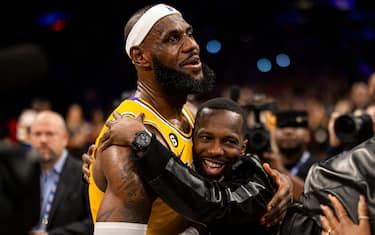 LOS ANGELES, CA - FEBRUARY 7: Rich Paul hugs LeBron James #6 of the Los Angeles Lakers after the game against the Oklahoma City Thunder on February 7, 2023 at Crypto.Com Arena in Los Angeles, California. NOTE TO USER: User expressly acknowledges and agrees that, by downloading and/or using this Photograph, user is consenting to the terms and conditions of the Getty Images License Agreement. Mandatory Copyright Notice: Copyright 2023 NBAE (Photo by Zach Beeker/NBAE via Getty Images)