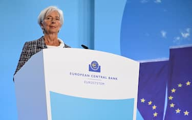 European Central Bank (ECB) President Christine Lagarde addresses a press conference on the Eurozone's monetary policy, at the central bank's headquarters in Frankfurt am Main, western Germany, on July 18, 2024. The European Central Bank held borrowing costs steady on July 18, giving policymakers more time to assess progress on inflation after last month's first interest rate cut in five years. The ECB's governing council heads into the summer break leaving the benchmark deposit rate at 3.75 percent, after lowering it from a record four percent at the June meeting. (Photo by Kirill KUDRYAVTSEV / AFP)