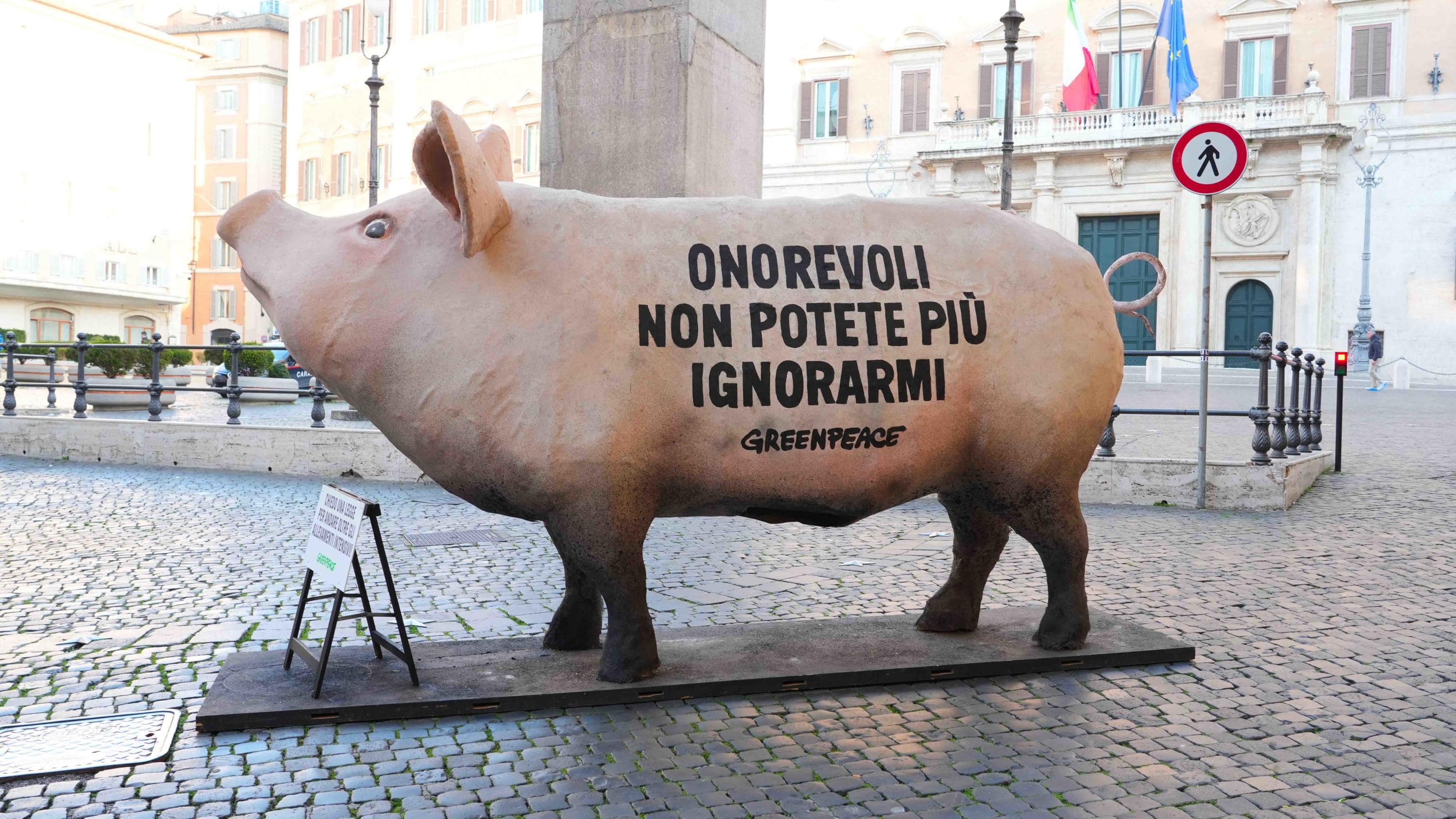 Il maiale di cartapesta davanti alla Camera dei deputati