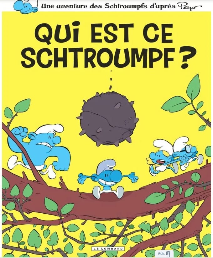 La copertina dell'albo dei Puffi scritto e disegnato da Tébo