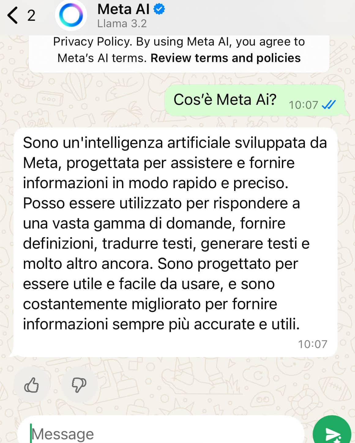 Nello screen, un esempio di domanda rivolta a Meta AI su WhatsApp Whatsapp Ia