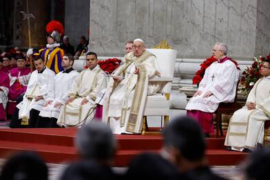 Pope Francis during the Christmas Night Mass at St Peter's Basilica in Vatican City, 24 December 2024. Today Pope Francis formally started the Catholic Jubilee Year 2025.  ANSA/FABIO FRUSTACI