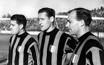 AC Milan soccer star players, from left, Gunnar Nordahl, Nils Liedholm and Gunnar Gren, all from Sweden, pose together in this undated photo taken in Milan, Italy. (Ap Photo/Carlo Fumagalli)