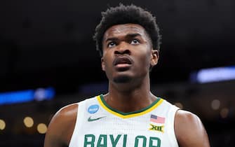 MEMPHIS, TENNESSEE - MARCH 24: Yves Missi #21 of the Baylor Bears looks on during the first half against the Clemson Tigers in the second round of the NCAA Men's Basketball Tournament at FedExForum on March 24, 2024 in Memphis, Tennessee. (Photo by Stacy Revere/Getty Images)
