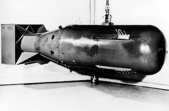 An atomic bomb of the type nicknamed "Little Boy" that was dropped by a US Army Air Force B-29 bomber on August 9, 1945 over Hiroshima, Japan, is seen in this undated file photo released by the Los Alamos Scientific Laboratory. (Photo by LOS ALAMOS SCIENTIFIC LABORATORY / AFP) (Photo by -/LOS ALAMOS SCIENTIFIC LABORATORY/AFP via Getty Images)