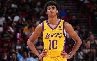 LAS VEGAS, NV - JULY 9: Max Christie #10 of the Los Angeles Lakers looks on during the game against the Charlotte Hornets during the 2023 NBA Las Vegas Summer League on July 9, 2023 at the Thomas & Mack Center in Las Vegas, Nevada. NOTE TO USER: User expressly acknowledges and agrees that, by downloading and or using this photograph, User is consenting to the terms and conditions of the Getty Images License Agreement. Mandatory Copyright Notice: Copyright 2023 NBAE (Photo by Bart Young/NBAE via Getty Images)