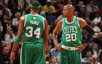 MIAMI - NOVEMBER 11: Ray Allen #20 of the Boston Celtics talks with teammate Paul Pierce #34 during a game against the  Miami Heat on November 11, 2010 at the American Airlines Arena in Miami, Florida.  NOTE TO USER: User expressly acknowledges and agrees that, by downloading and or using this photograph, User is consenting to the terms and conditions of the Getty Images License Agreement. Mandatory Copyright Notice: Copyright 2010 NBAE  (Photo by Nathaniel S. Butler/NBAE via Getty Images)