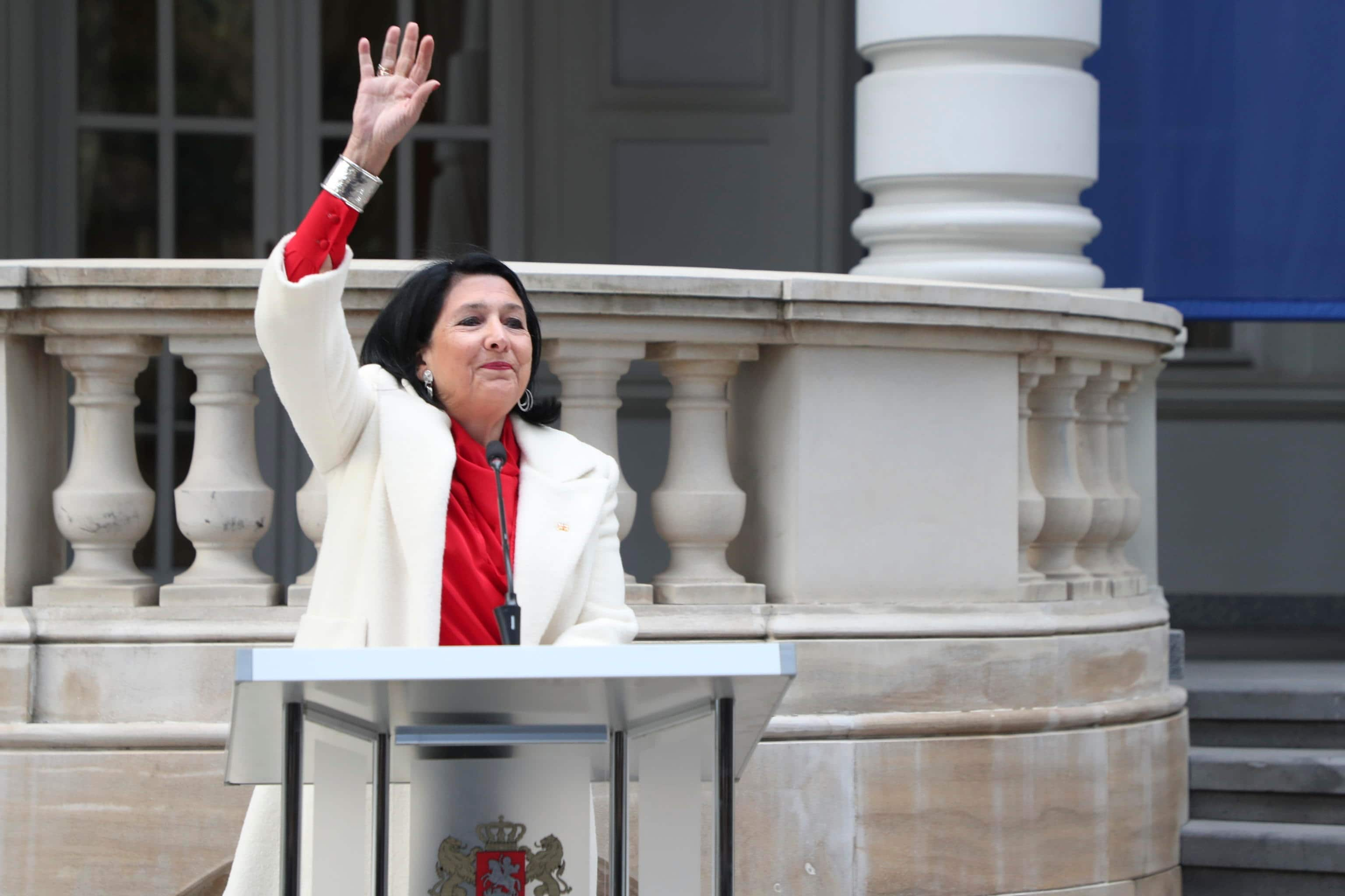 epa11796946 Outgoing Georgian President Salome Zourabichvili delivers a statement outside the Orbeliani Palace in Tbilisi, Georgia, 29 December 2024. Georgian lawmakers elected Mikheil Kavelashvili as the country's new president on 14 December in a controversial parliamentary vote that sparked accusations of illegitimacy and protests. Kavelashvili will be inaugurated as President of Georgia on 29 December 2024.  EPA/DAVID MDZINARISHVILI