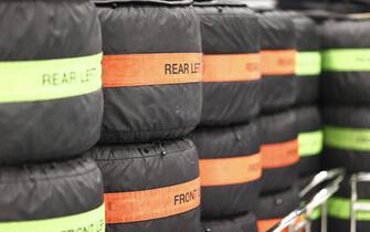 JEDDAH STREET CIRCUIT, SAUDI ARABIA - DECEMBER 03: Pirelli tyres in covers during the Saudi Arabia GP  at Jeddah Street Circuit on Friday December 03, 2021 in Jeddah, Saudi Arabia. (Photo by Andy Hone / LAT Images)