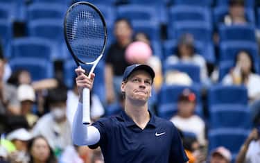 Italy's Jannik Sinner celebrates victory against Hungary's Fabian Marozsan during their men's singles quarter-final match at the China Open tennis tournament in Beijing on September 29, 2025. (Photo by WANG Zhao / AFP) (Photo by WANG ZHAO/AFP via Getty Images)          