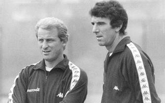 TURIN, ITALY: Juventus player Dino Zoff with Trapattoni during a trainig session on 1980'S in Turin, Italy. (Photo by Juventus FC - Archive/Juventus FC via Getty Images)