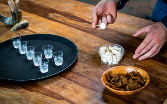 Hákarl tasting at Bjarnarhöf Shark Museum. The meat is cut into small cubes and served with brandy and rye bread. Bjarnarhöfn Iceland Shark Museum, where the mystery of the fermented shark is solved