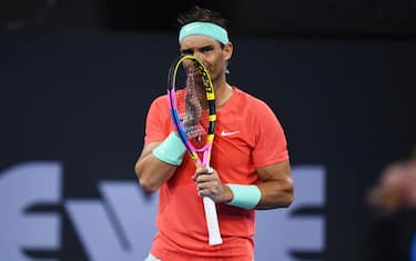 epa11058780 Rafael Nadal of Spain reacts during his quarter-final match against Jordan Thompson of Australia at the 2024 Brisbane International tennis tournament in Brisbane, Australia, 05 January 2024.  EPA/JONO SEARLE AUSTRALIA AND NEW ZEALAND OUT  EDITORIAL USE ONLY  EDITORIAL USE ONLY