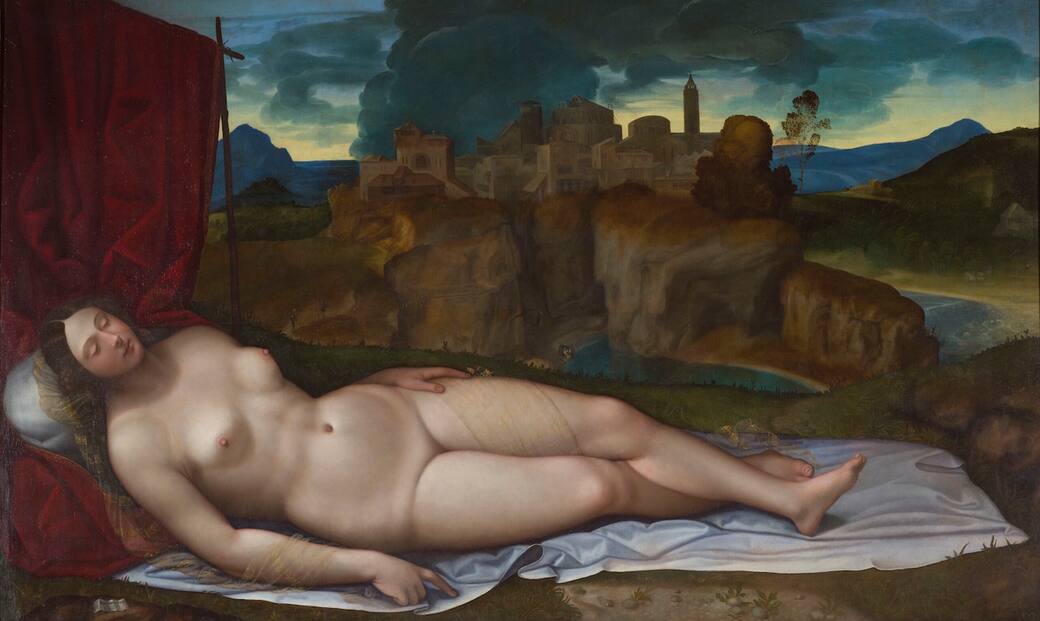 Girolamo da Treviso (1498 ca. – 1544 ca.) o Monogrammista HIRT-TV (XVI sc.), Venere dormiente, 1515 ca., olio su tela, 130 x 213 cm, Roma, Galleria Borghese, Inv. 030