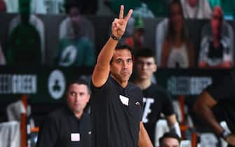 ORLANDO, FL - SEPTEMBER 17: Head Coach Erik Spoelstra of the Miami Heat looks on during the game against the Boston Celtics during Game Two of the Eastern Conference Finals on September 17, 2020 in Orlando, Florida at AdventHealth Arena. NOTE TO USER: User expressly acknowledges and agrees that, by downloading and/or using this Photograph, user is consenting to the terms and conditions of the Getty Images License Agreement. Mandatory Copyright Notice: Copyright 2020 NBAE (Photo by Garrett Ellwood/NBAE via Getty Images)